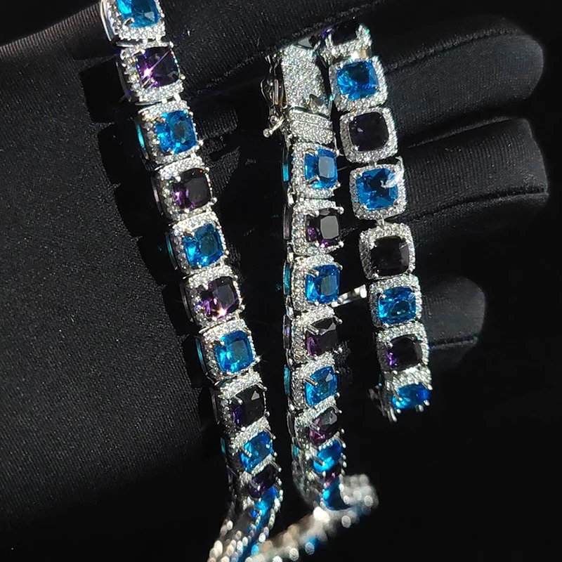 

Hip Hop Blue Purple CZ Stone Bling Iced Out 10mm Tennis Link Chain Bracelets Necklaces for Men Women Unisex Rapper Jewelry