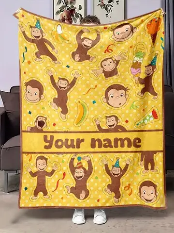 Personalized Custom Name Blanket - Soft Flannel Throw with Cute Cartoon Monkeys, Bananas & Party Hats -  All-Season Cozy Gift fo