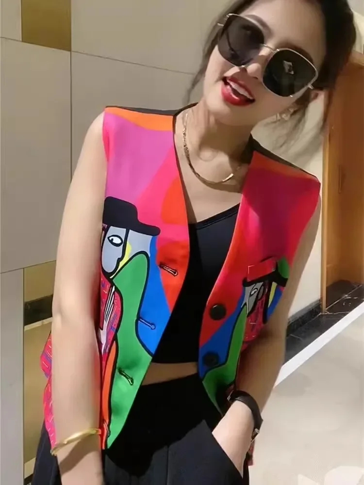America Fashion Single Breasted V-neck Vest Jacket Personalized Original Doodle Pattern Short Coat Korean Summer Women Vest