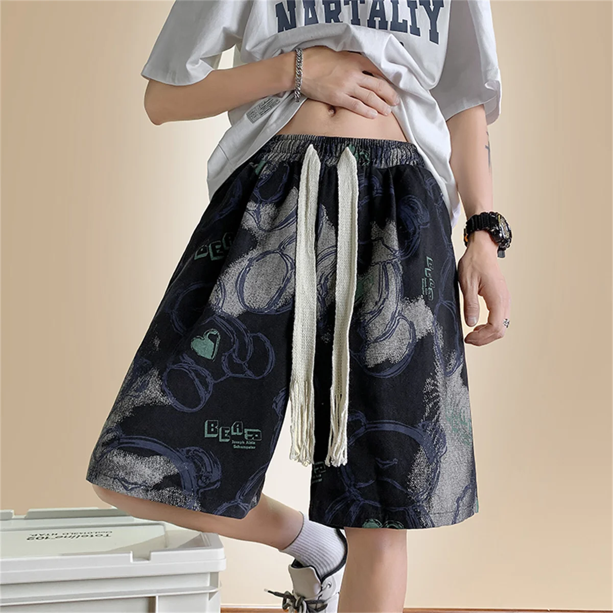 Cool Bear Print High Street Oversize Basketball Shorts for Men\'s Black Summer Korean Wide Leg Casual Gothic Shorts Boys