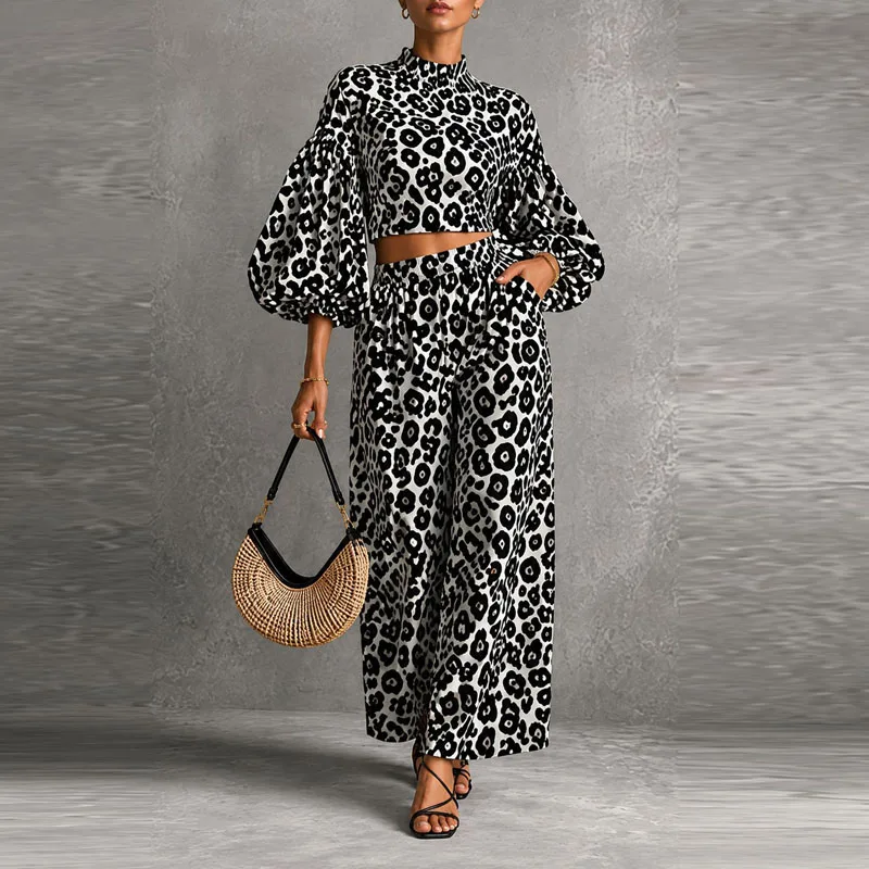 Women 2 Pieces Outfit Leopard Print Mock Neck Lantern Sleeve Crop Top And High Waist Wide Leg Pants Set Casual Party Suit