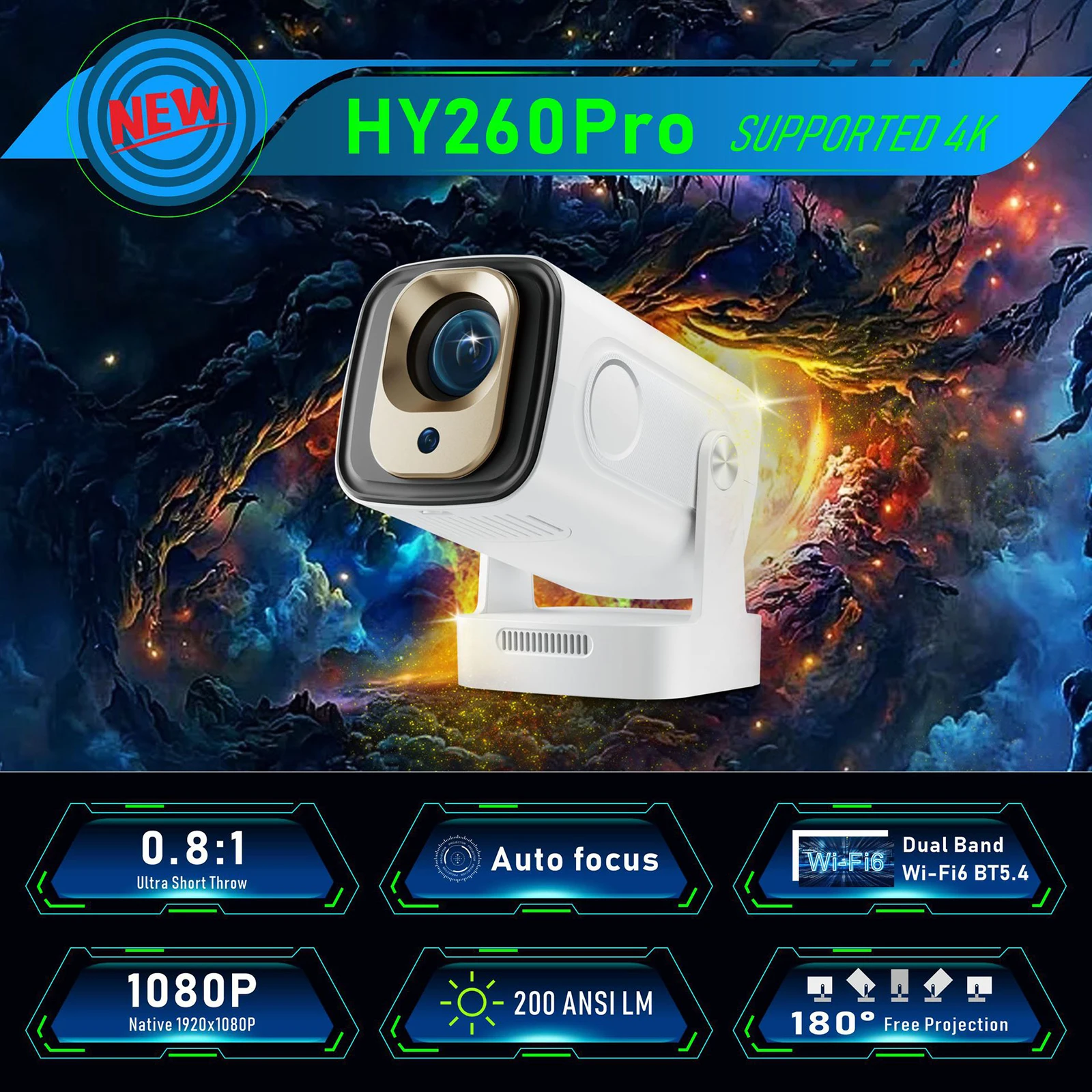 AutoFocus Mini Projector with WiFi and Bluetooth 4K Ultra HD resolution 180°Rotatable Portable Movie Projector HDMI & Phone cast