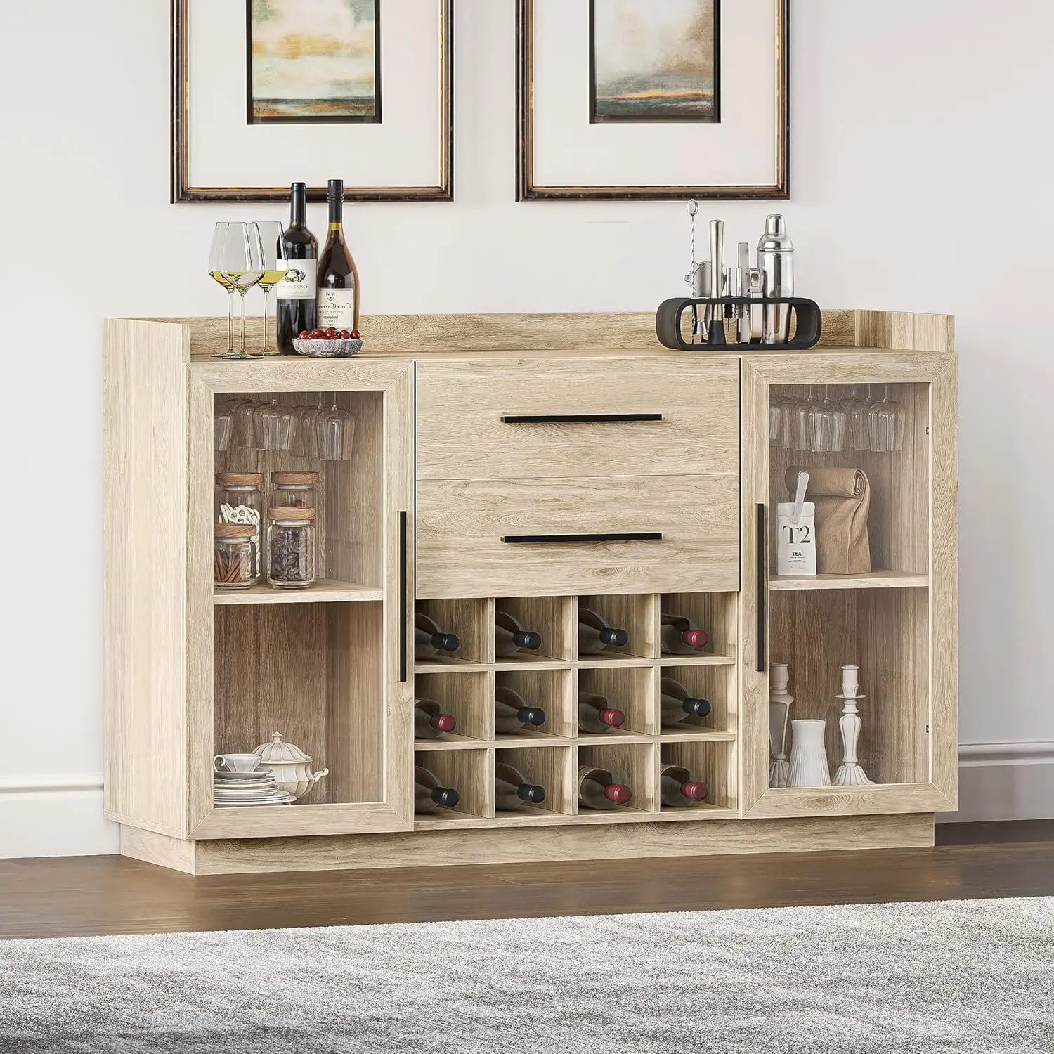 

55" Wine Cabinet, Sideboard Buffet with Wine Rack and Glass Holder, Home Coffee Bar Freestanding Liquor Cabinet with Dis