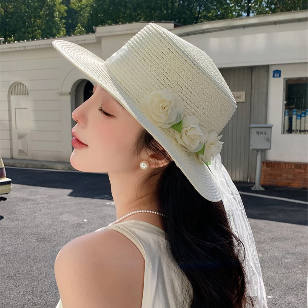 

HT4709 Fedoras Women Fashion Summer Sun Hat Ladies Flower Band Flat Top Boater Straw Hat Female Wide Brim Beach Cap Panama Hat