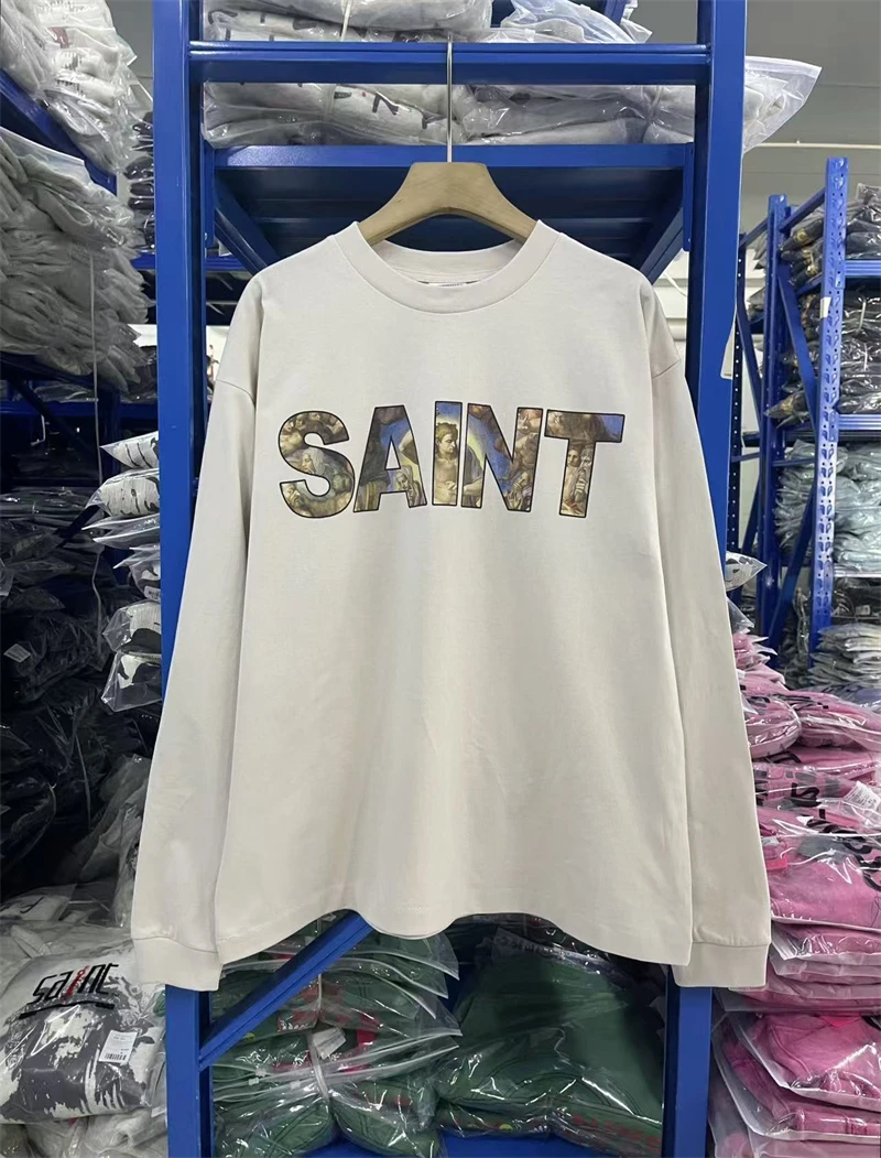 

Осень/зима SAINT новая креативная футболка с буквенным логотипом и круглым вырезом с длинными рукавами в стиле ретро, уличный хип-хоп, хлопок для мужчин и женщин