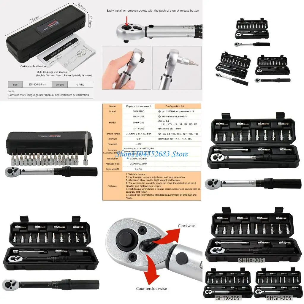 Y6GD Professional Car Bike Repair Tool Torque Wrench Bit 20Nm Spanner Hand Tool 18PCS