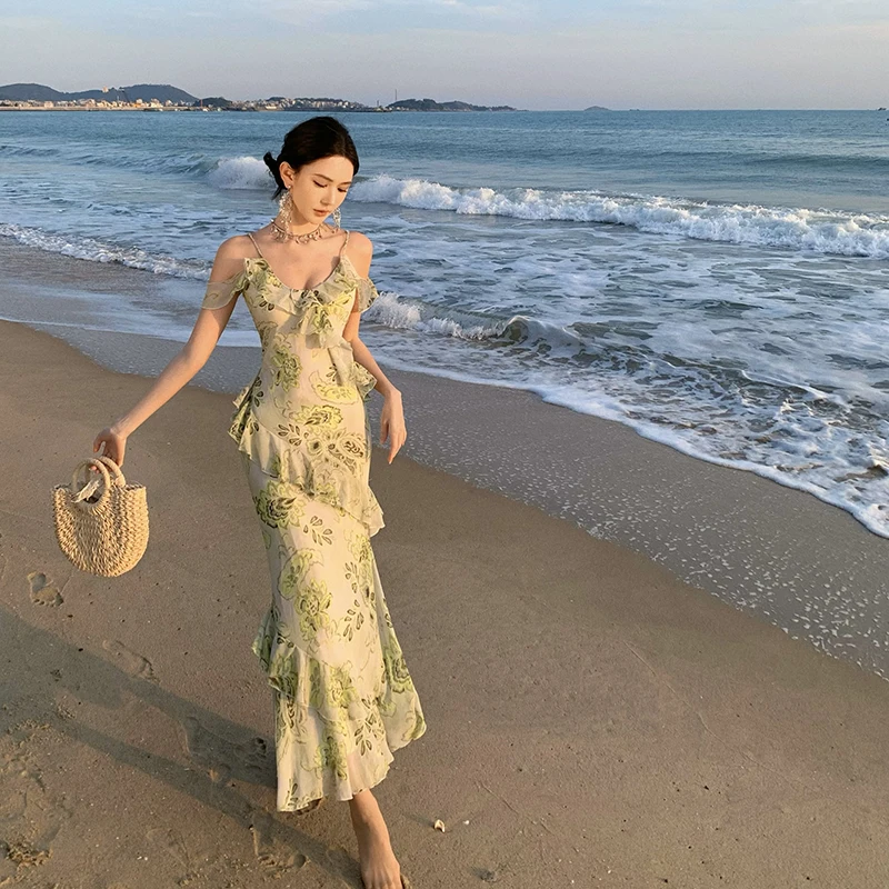 

Элегантное женское платье-русалка в французском стиле с рюшами и асимметричным кроем, новинка для летнего отдыха.