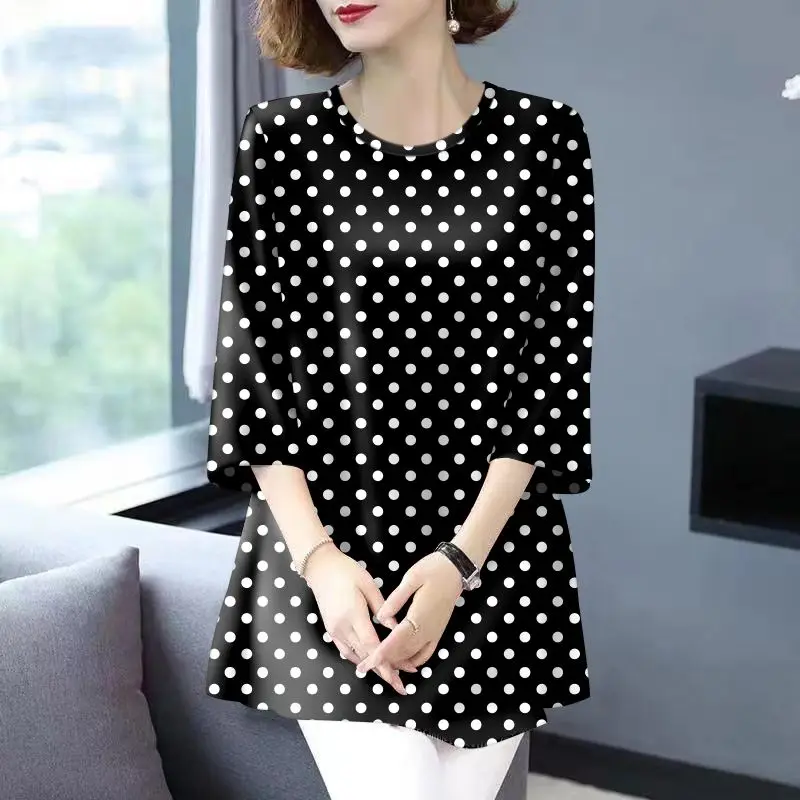 Women\'s Clothing Korean Fashion Polka Dots Print 3/4 Sleeve Ice Silk T-shirts 2024 Summer Ladies Elegant O Neck Loose Tunic Tops