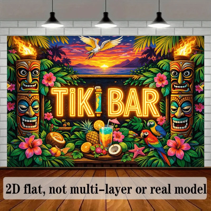 Tiki Bar Tapestry - Tropical Luau Party Wall Decor with Totem Masks, Parrots & Hibiscus Flowers, Neon Sign Style, Polyester,