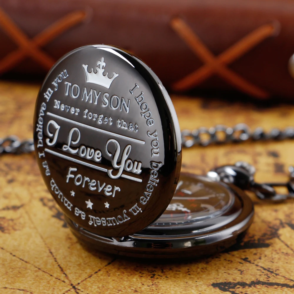 Best Perfect Gift for My Son Quartz Pocket Watch Black I Love You Engraved Fob Chain Watch Christmas Gift for Men