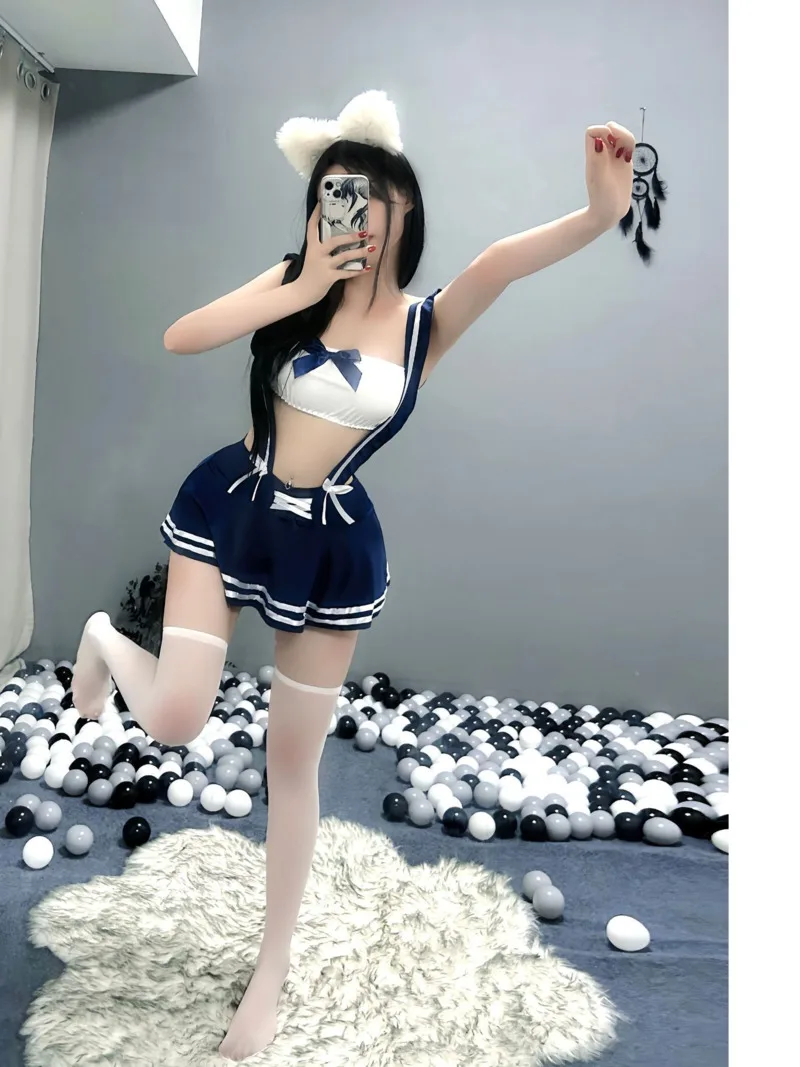 Cute Campus Fun Sexy Passionate Midnight Charm Uniforms Slim Tempting Passion Mini Skirt Set Sweet Bowknot Women Slim Top 9GRX