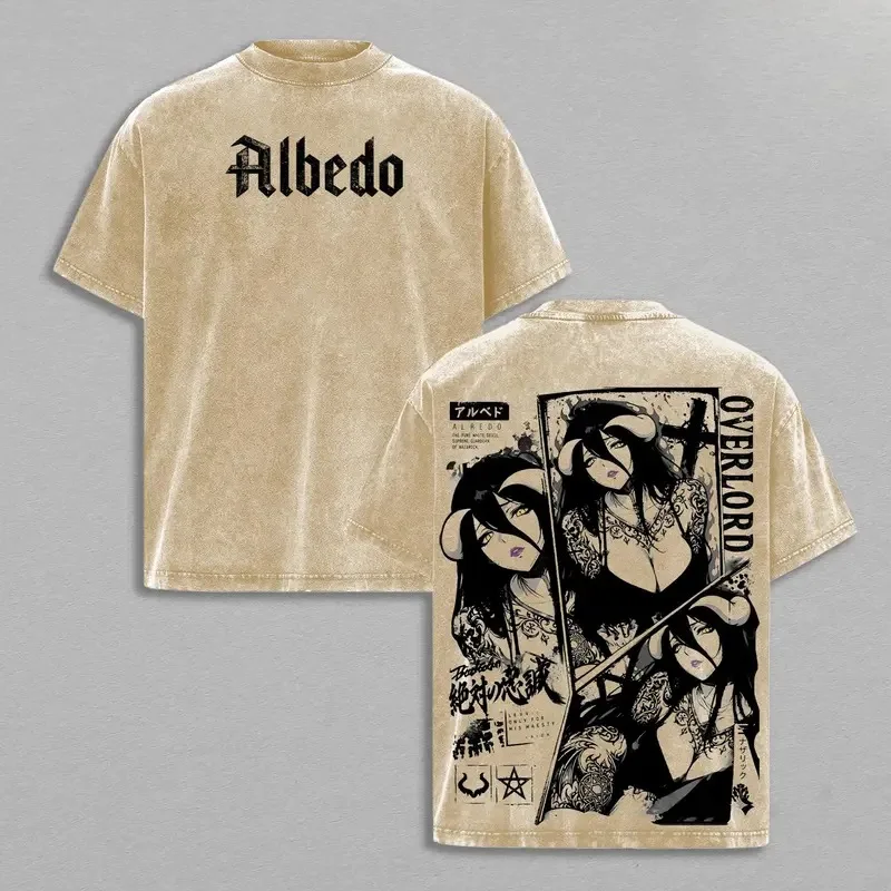 Anime Overlord Albedo Graphic T Shirt Men Women Short Sleeve Clothing Oversized Tshirt Washed Cotton Tee Harajuku Unisex T-shirt