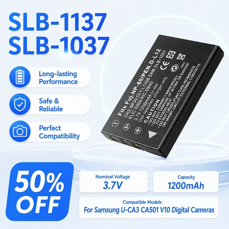 SLB-1137 SLB-1037 3.7V 1200mAh Li-ion Battery for Samsung U-CA3 CA501 V10 Digital Cameras Rechargeable Li-ion Camera Battery