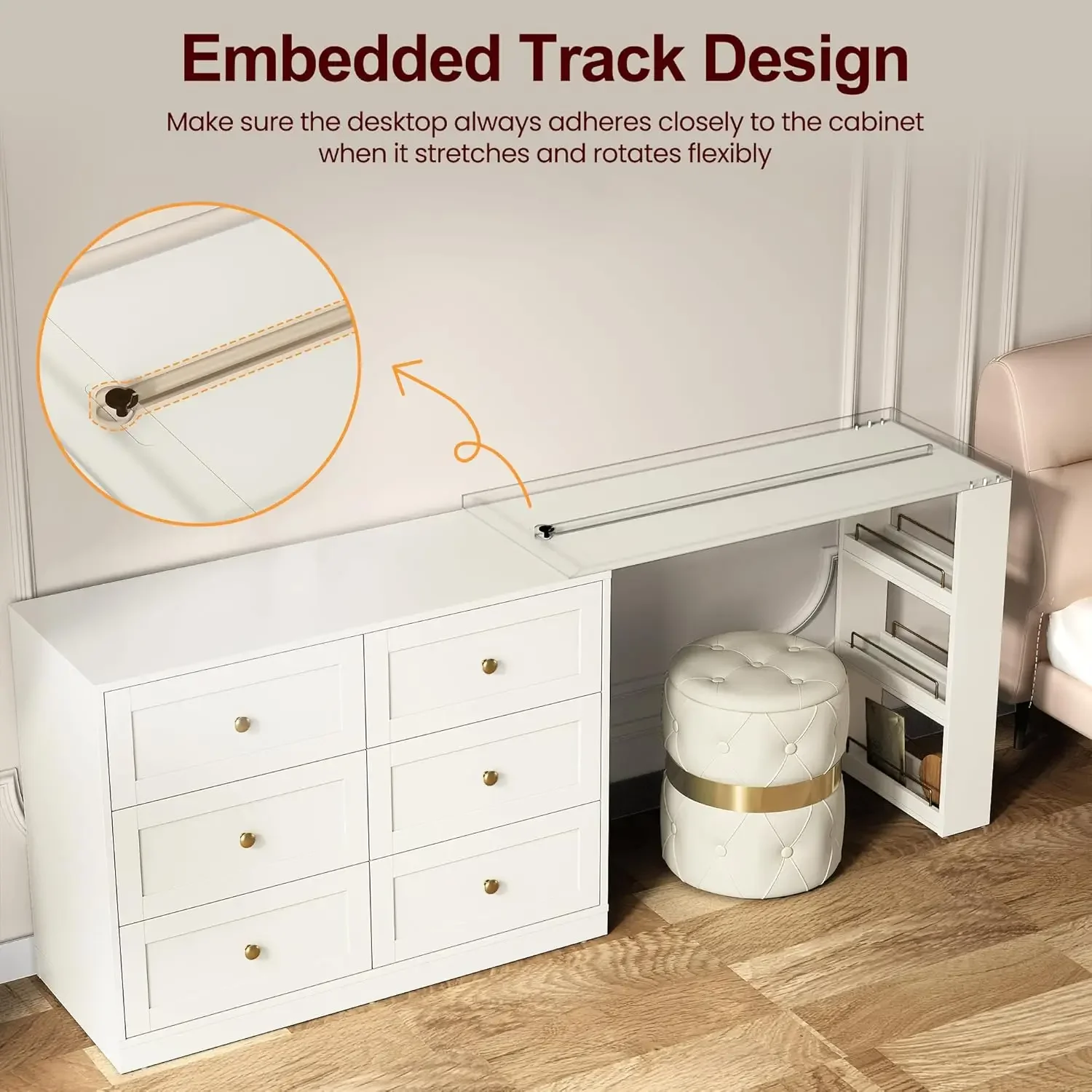 [XMSJ-مخزون محدود، اشتر الآن! مجموعة مكتب وخزانة الملابس من فانيتي، مكياج كبير قابل للتمديد بطول 76 بوصة مع 6 أدراج و3 جوانب