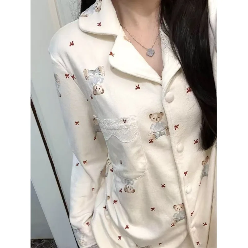 26 Women Girl Cute Bear Print Autumn Winter Island-style Fleece Pajamas Long Sleeve Pant Warm Thick Nightgown Sleepwear