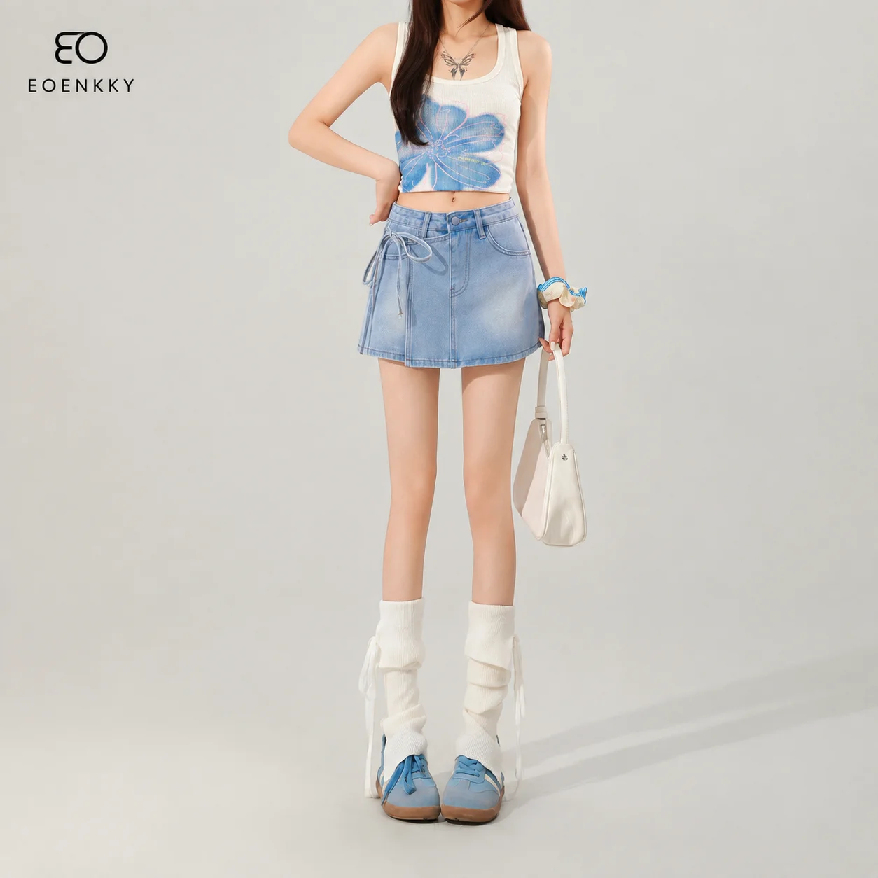EOENKKY Women Denim Skort High Waist Wrap Front Tie Side A-Line Mini Skirt Shorts Light Blue Washed Casual Streetwear XS-XL