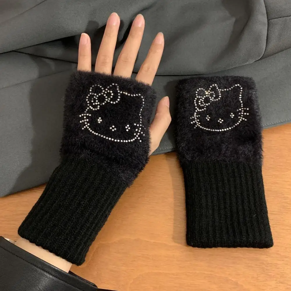 Kt Anime Sanrios lindo Hello Kitty guantes de medio dedo de felpa pajarita Kawaii de dibujos animados suave espesar protección cálida del estudiante frío