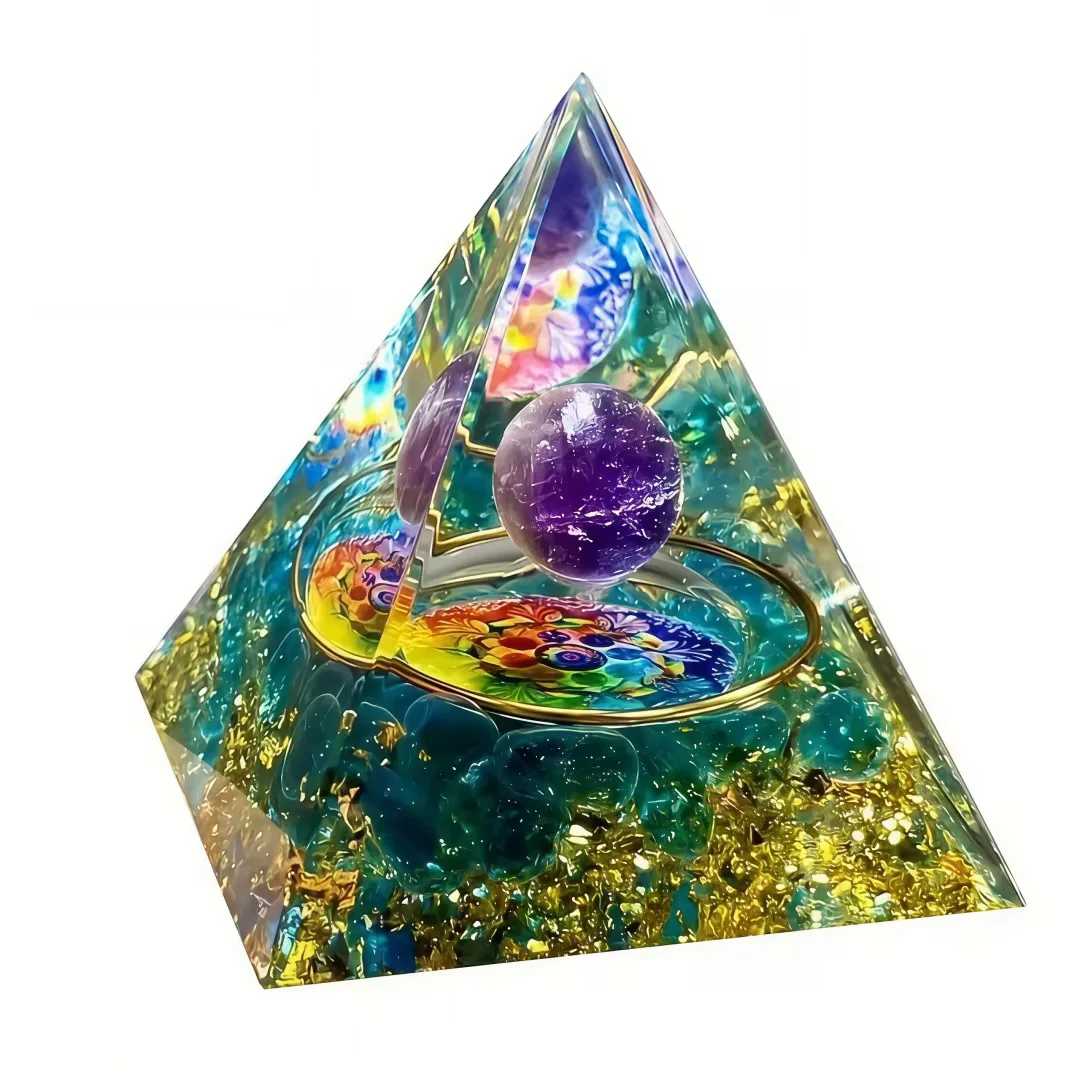Orgonite Pyramid Natural Amethyst Sphere Malachite Chips Orgone Energy Generator Resin Meditation Home Decor Spiritual Gift