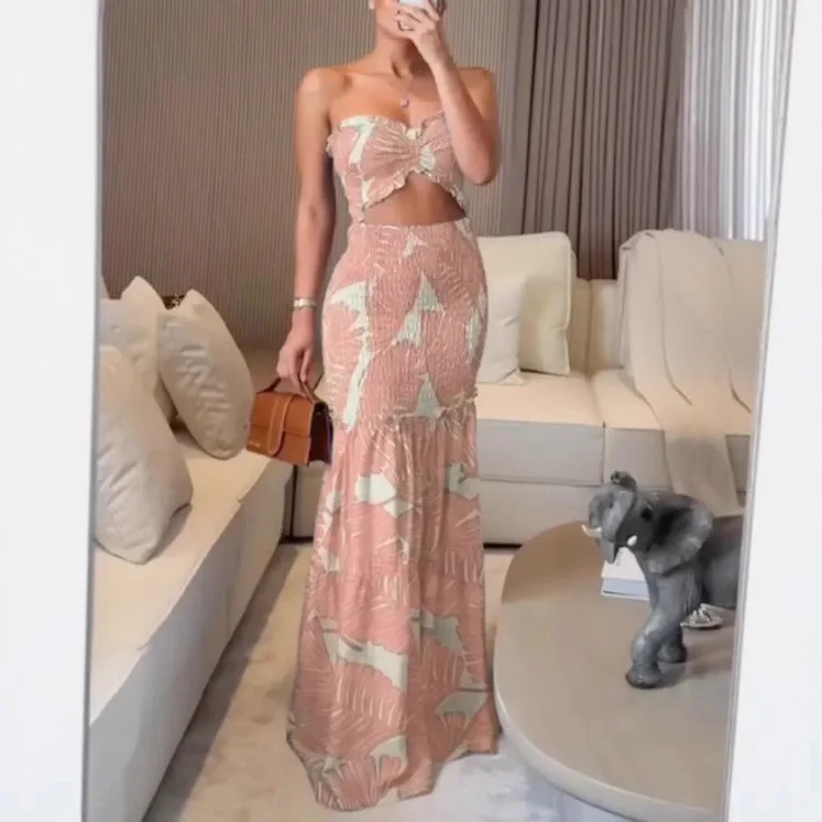 

Women's Summer Printed Hanging Collar Hollow Slim Fit Casual Strapless Lace Up Elegant Vacation Ruffled Edge Wrapped Skirt