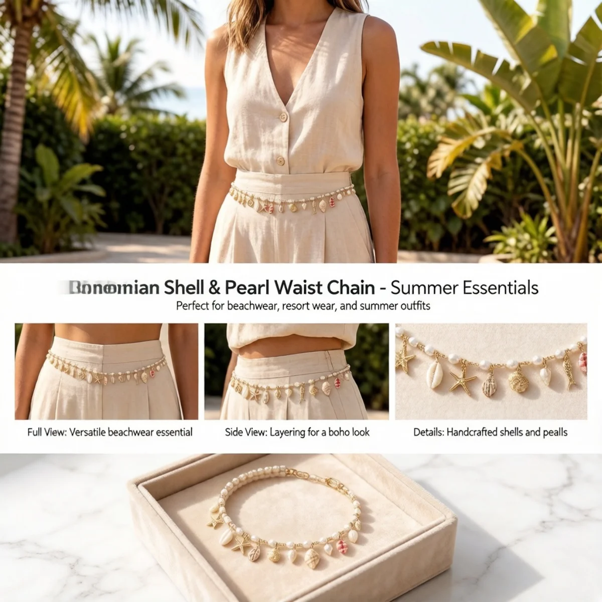Sommerliche, bunt bedruckte Muschel-, Seestern- und Fisch-Taillenkette für Damen und Herren, Boho-Stil, imitierte Perlen, Korallen-Bauchkette, Körperschmuck – Detail 3