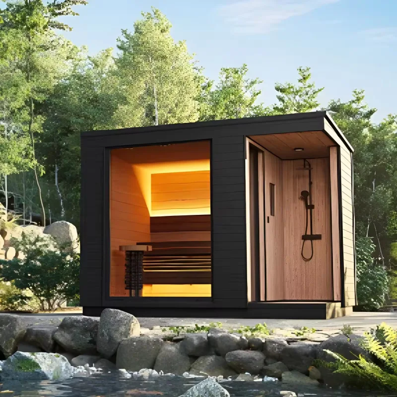 Canadian Red Cedar Outdoor Cube Panoramic Steam Sauna