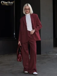 Clacive Fashion Loose Wine Red Stripe Trousers Sets For Women 2 Pieces Elegant Long Sleeve Blazer With High Waist Wide Pants Set