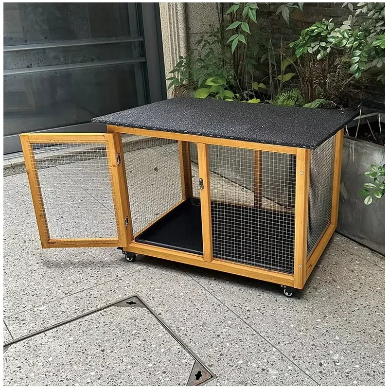 Solid Wood Pet Cage with Wheels Safety Lock Enclosed House for Small Animals Indoor Outdoor Use Durable Rolling Carrier Crate
