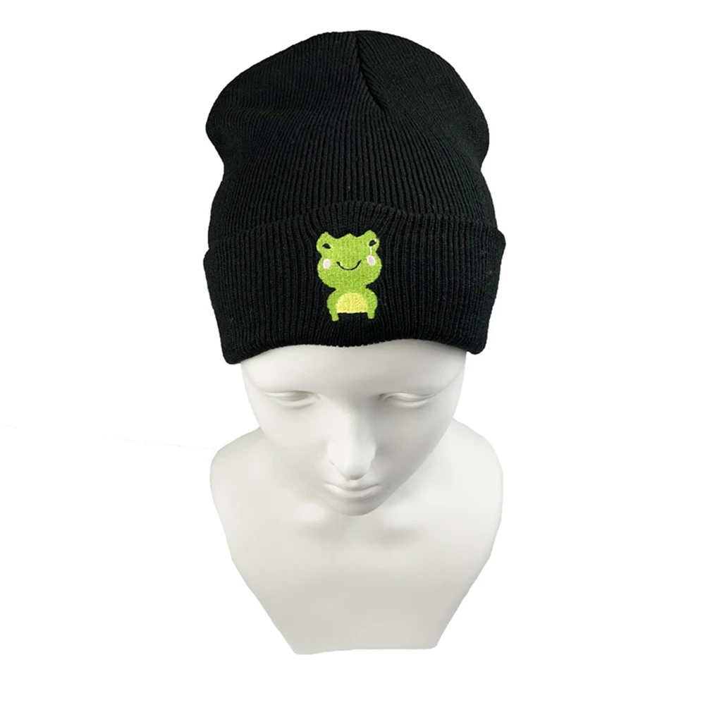 1pcs Winter Frog Knit Hat Embroidery Cartoons Warm Outdoor Women Men Ski Knitted Beanie Unisex Black White