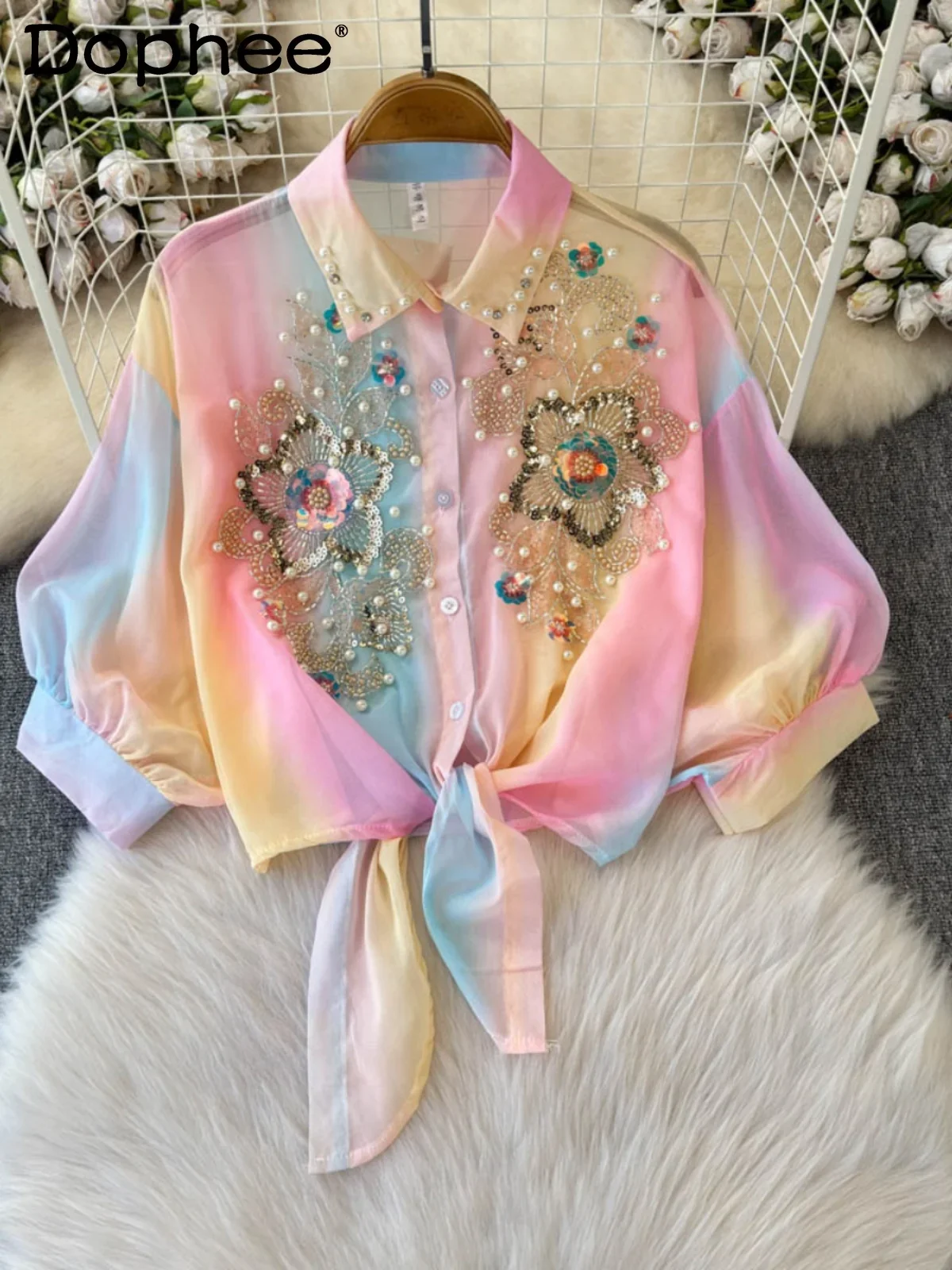 Rainbow Sunscreen Clothes Women's Lace-up Bow Shirt Heavy Industry Beaded Sequined Flower Tie-dye Thin Shirt 2025 Spring New