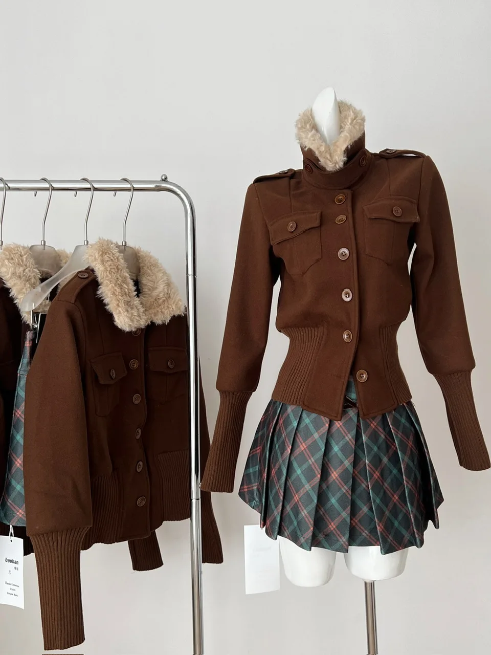 

Ele Vintage Heavy Work Fur Patchwork Stand Collar Batwing Sve Women's Autumn Winter New Single Button Waist Cinched Ja...