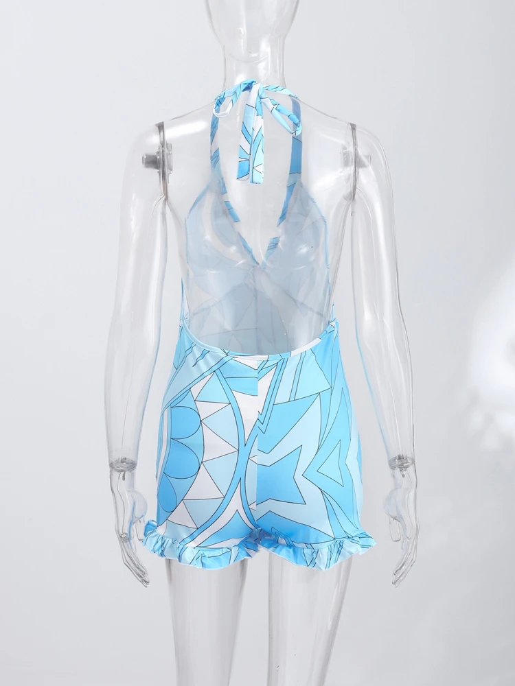 Holiday Geometric Print Halter Women's Bodysuit Ruffle Hem Backless Sleeveless Slim Romper 2026 Summer Beach Short Playsuit view 6
