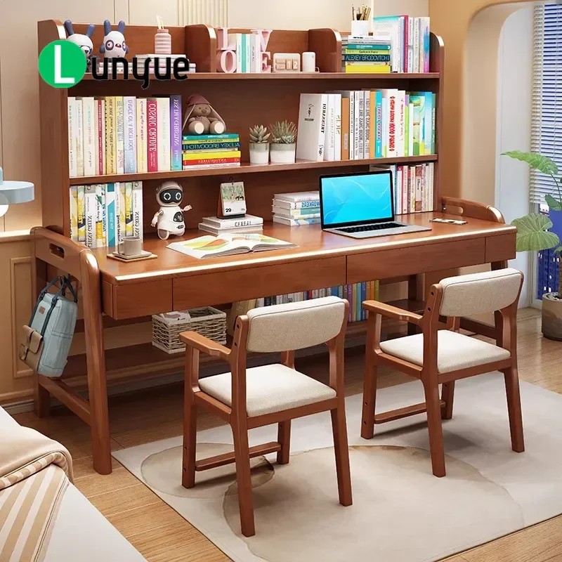 Solid wood double extended computer desk household children's study table simple modern can lift primary school students