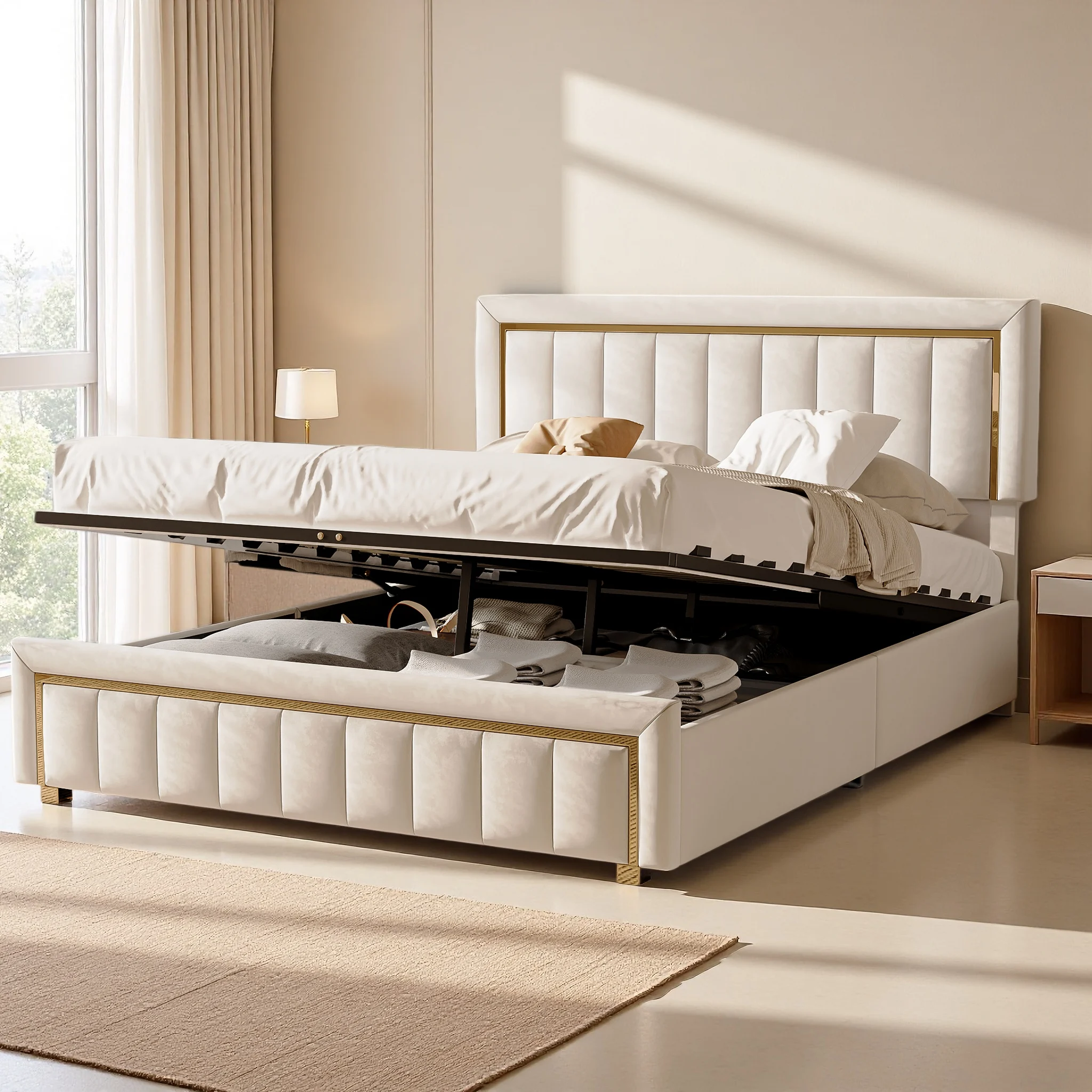 Creahappy Hydraulisches Bettgestell mit Stauraum, Weißes Samt-Doppelbett mit höhenverstellbarem Kopfteil, Gestepptes Polsterbett mit Goldmetallbesatz, 250 kg maximale Belastung, für 140x200 cm