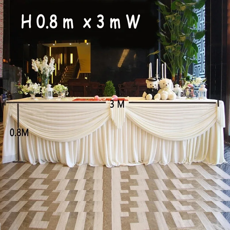 0.8x3M Long White Luxury Table Skirt with Swag for Wedding Use Wedding Table Skirting with Drape