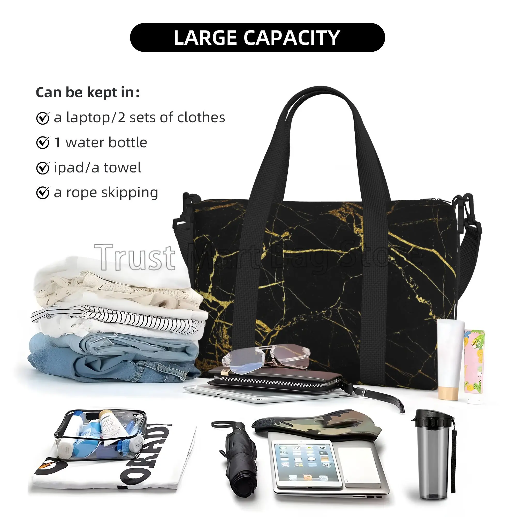 Borsa da viaggio a mano con stampa in marmo oro nero borse da viaggio multiuso Unisex per la notte borsa da viaggio per Yoga da palestra sportiva impermeabile