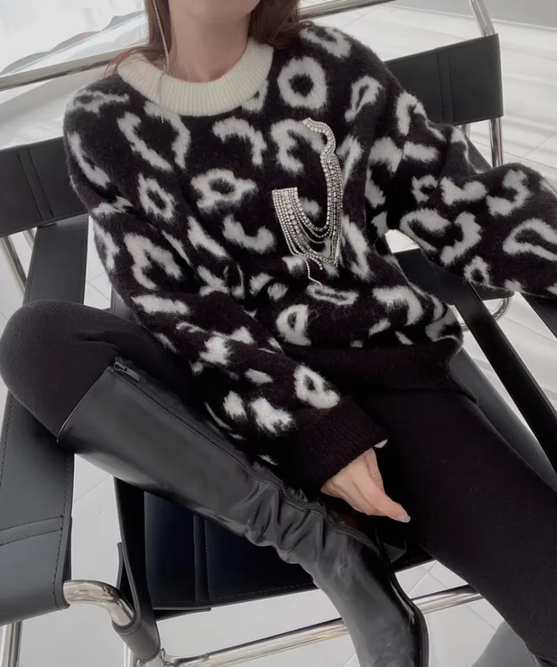 Pullover Women\'s New Korean Style Fashion Round Neck Loose Leopard Long-sleeved Sweater Basic Base Sweater Women\'s Top Y2k Girl