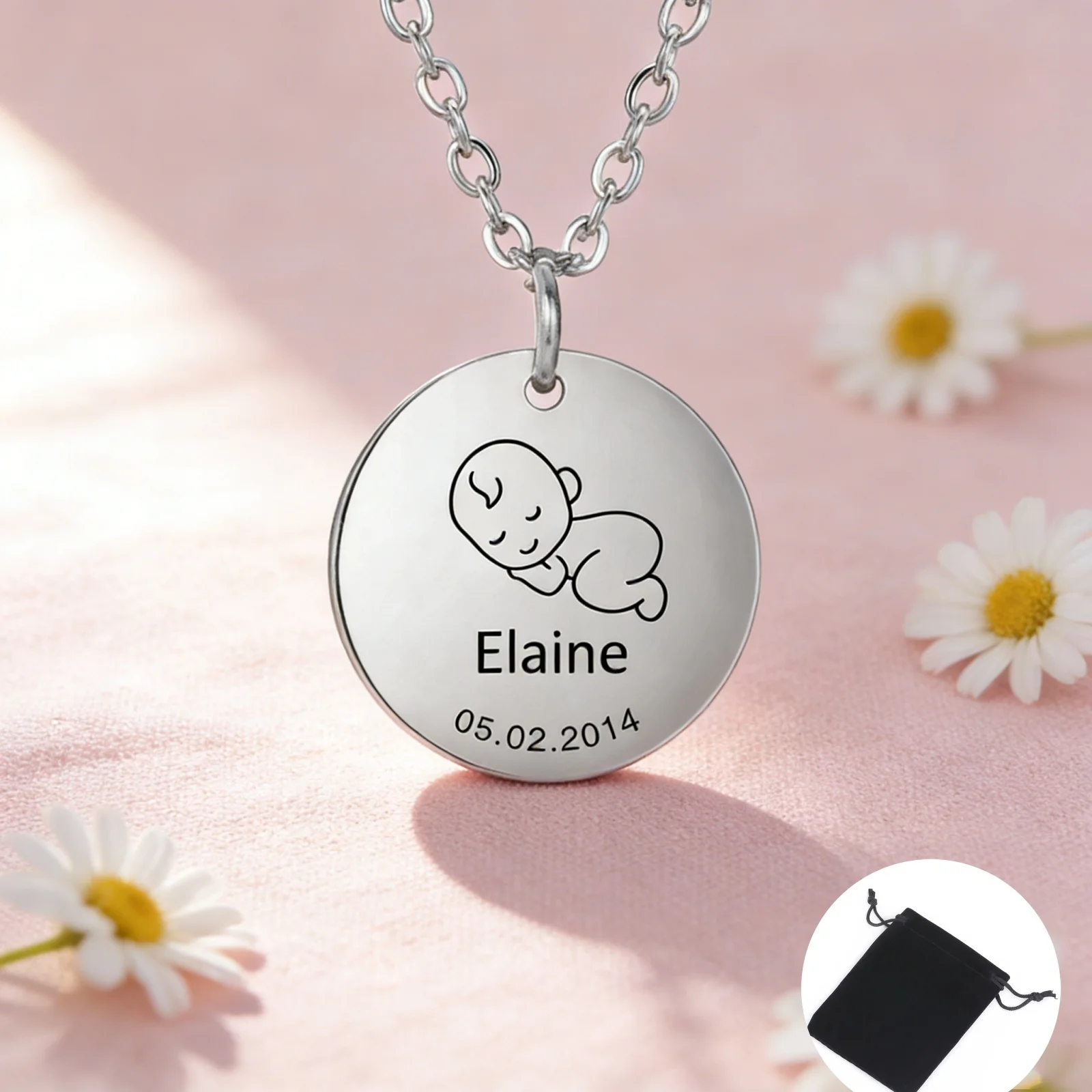 Customized Name Date Round Pendant Necklace, Stainless Steel Gift
