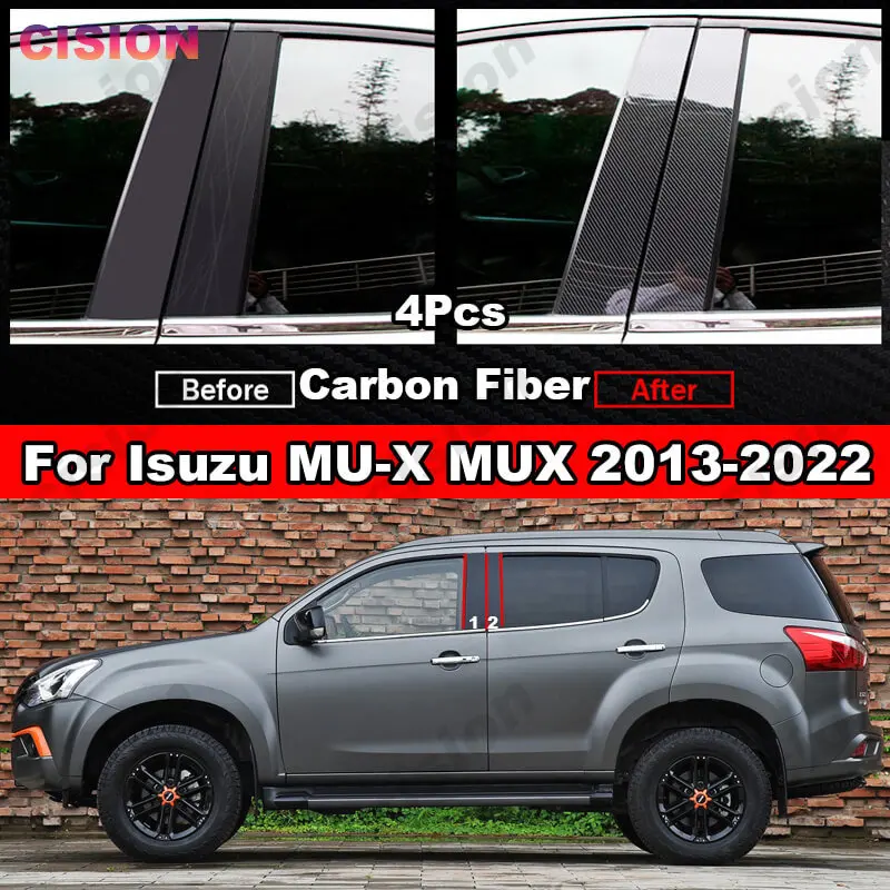 For ISUZU MUX MU-X 2012-2022 Car Window Door Column BC Pillar Post Cover Trim Glossy Black Carbon Fiber Mirror Effect PC Sticker