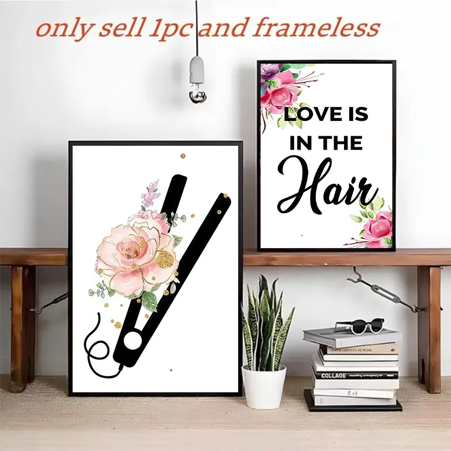 Frameless Canvas Print  Piece  Hair Straightener Floral Wall Art Love Is In The Hair Salon Decoration