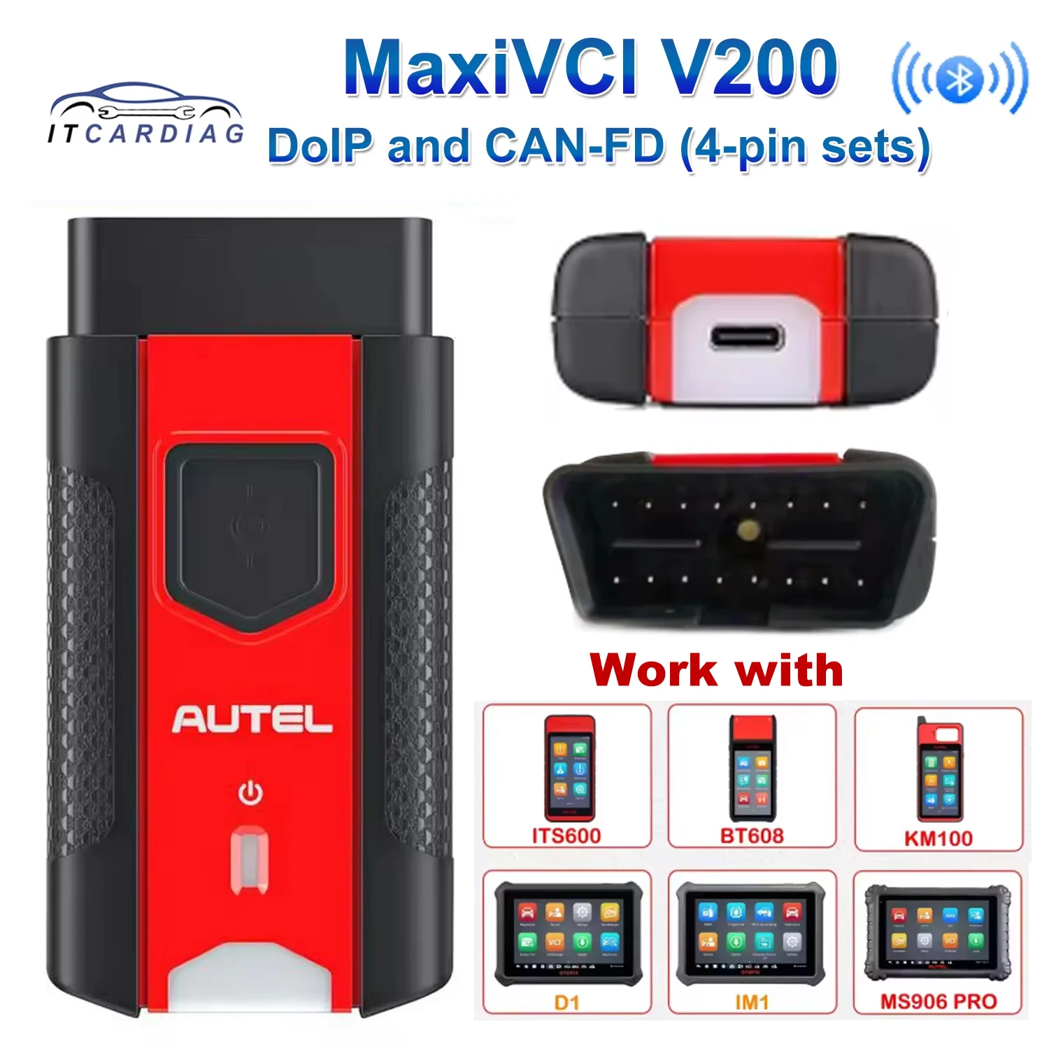 For Autel MaxiVCI V200 Bluetooth VCI Compatible with MS906Pro/ MS906Pro-TS/KM100/BT609/BT608 Support DoIP and Can FD Protocols