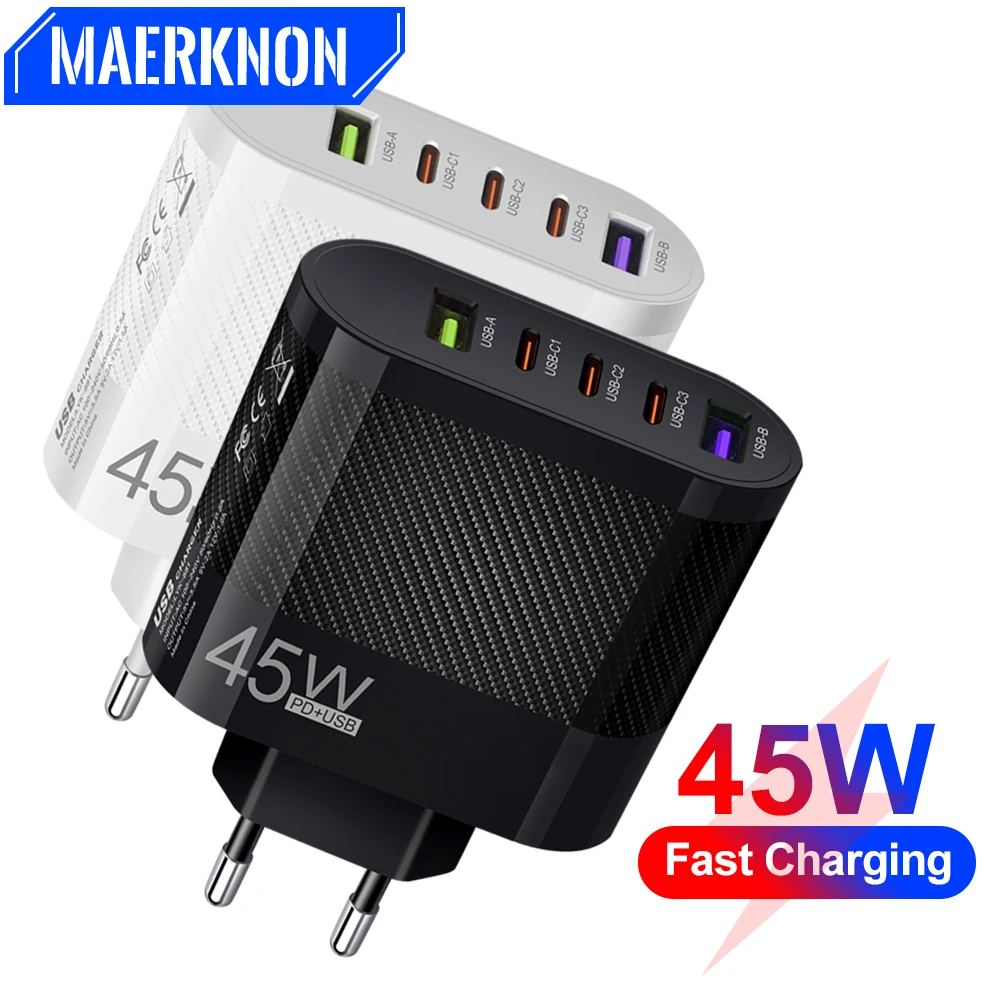 45W PD USB Charger 5 Ports Quick Charger 3.0 Fast Charging Mobile Phone Adapter For iPhone Samsung Huawei Xiaomi UK/US/EU Plug