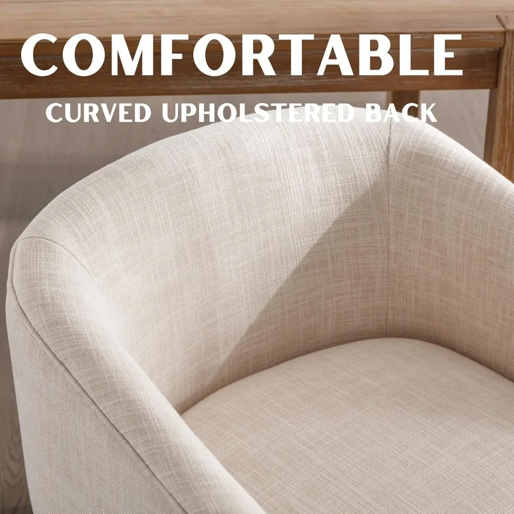 Beige Mid Century Modern Dining Chairs Farmhouse Linen Upholstered Accent Curved Backrest Kitchen Chair Armchairs with Natural