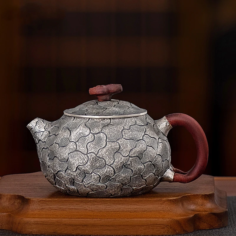Sterling Silver 999 Retro Wabi-Sabi Style Teapot 160ml Ganoderma Lucidum Pure Handmade Kungfu Silver Kettle for Tea Set