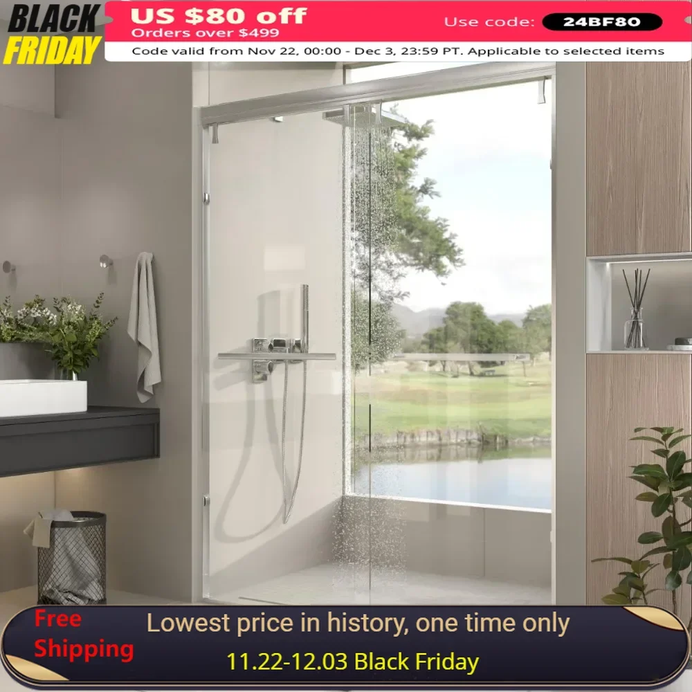 

Shower Door, 56-60 "W,Sliding Showers Doors, Semi-Frameless Double Sliding with Burst Film, Tempered Glass, Bathroom Shower Door