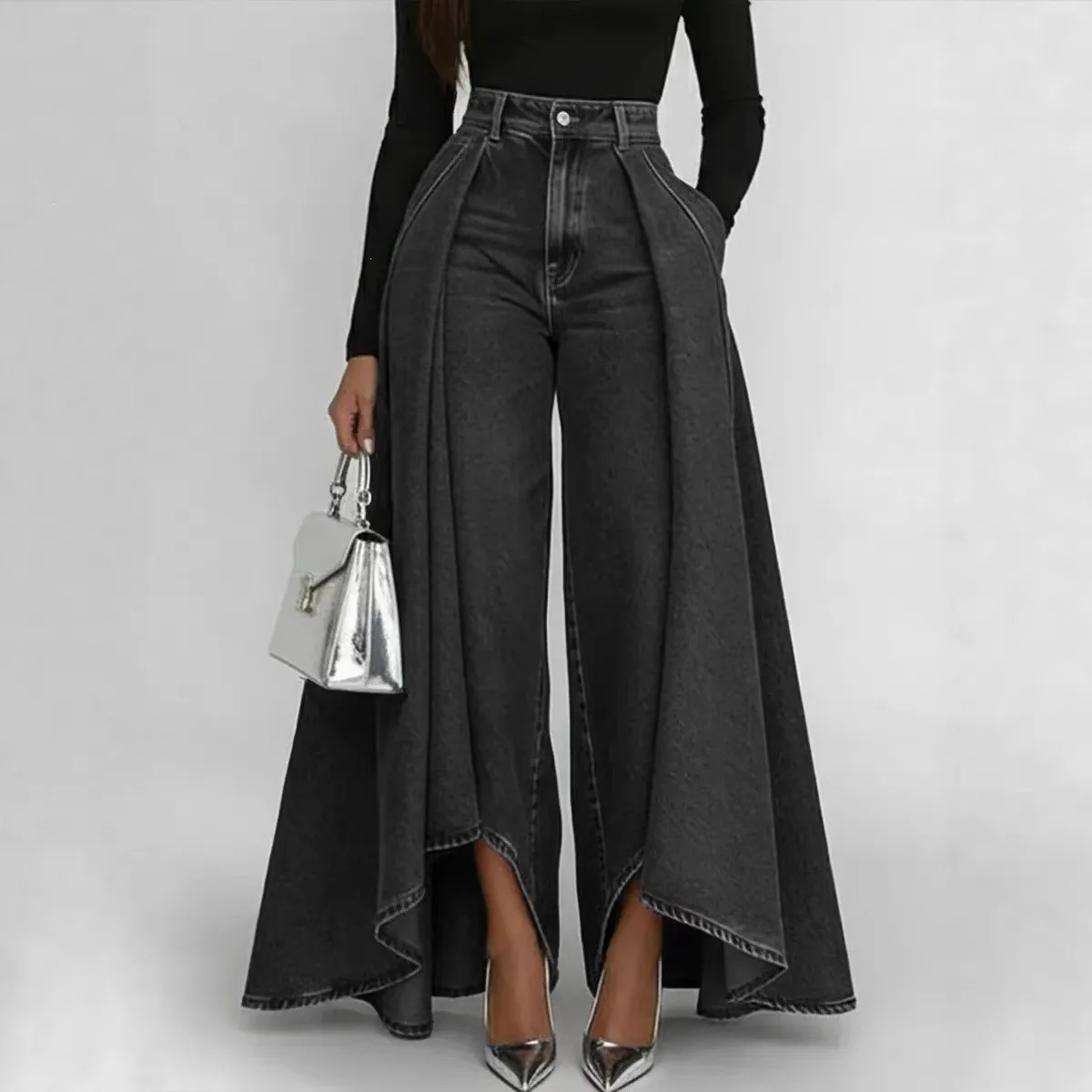 Women's Baggy High Waist Loose Fit Wide Leg Full Length Solid Color Washed Cotton Casual Jeans with Asymmetrical Hem for Women