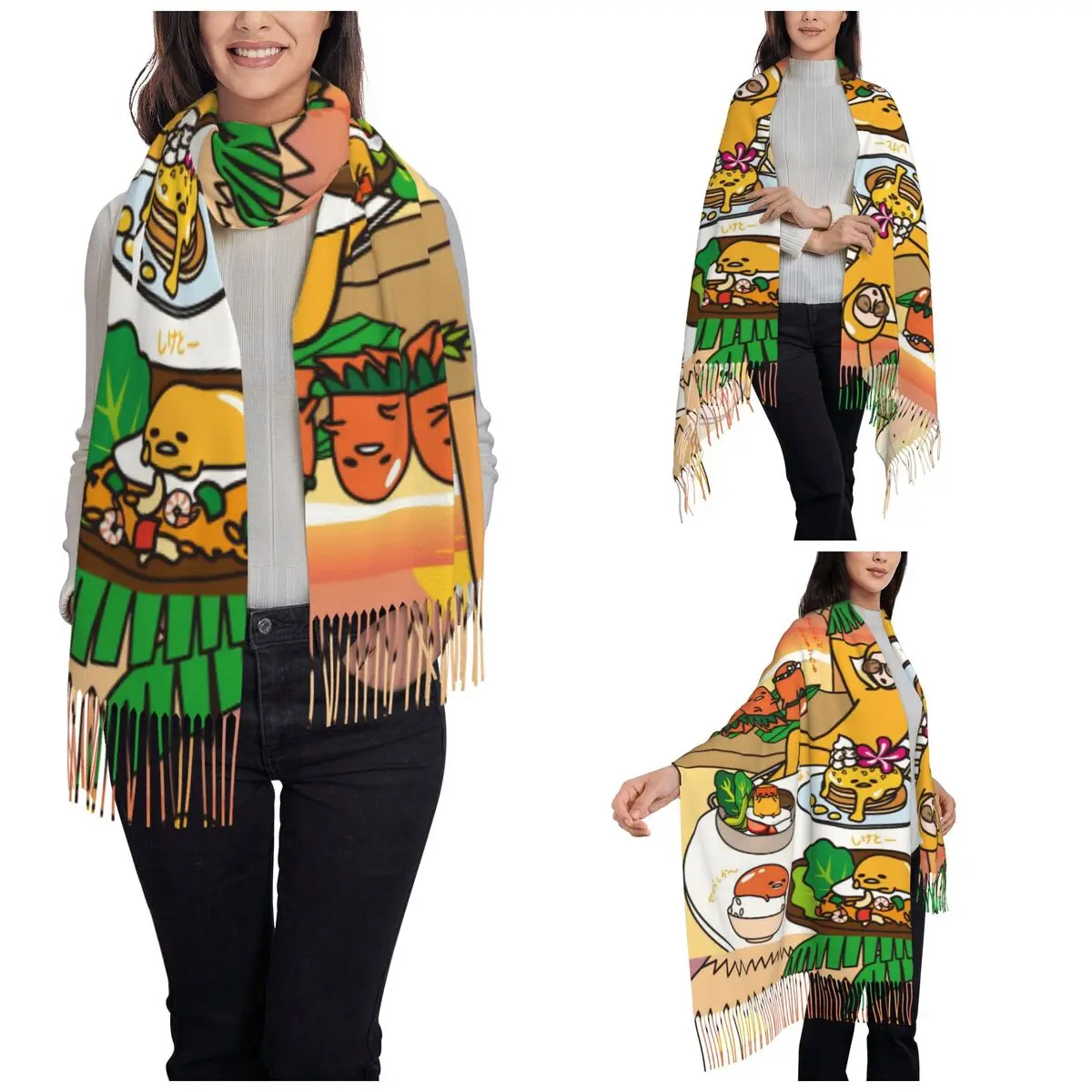 Damessjaal met kwastje Gudetama schattig ei cartoon grote winter warme sjaal wrap geschenken pashmina sjaals