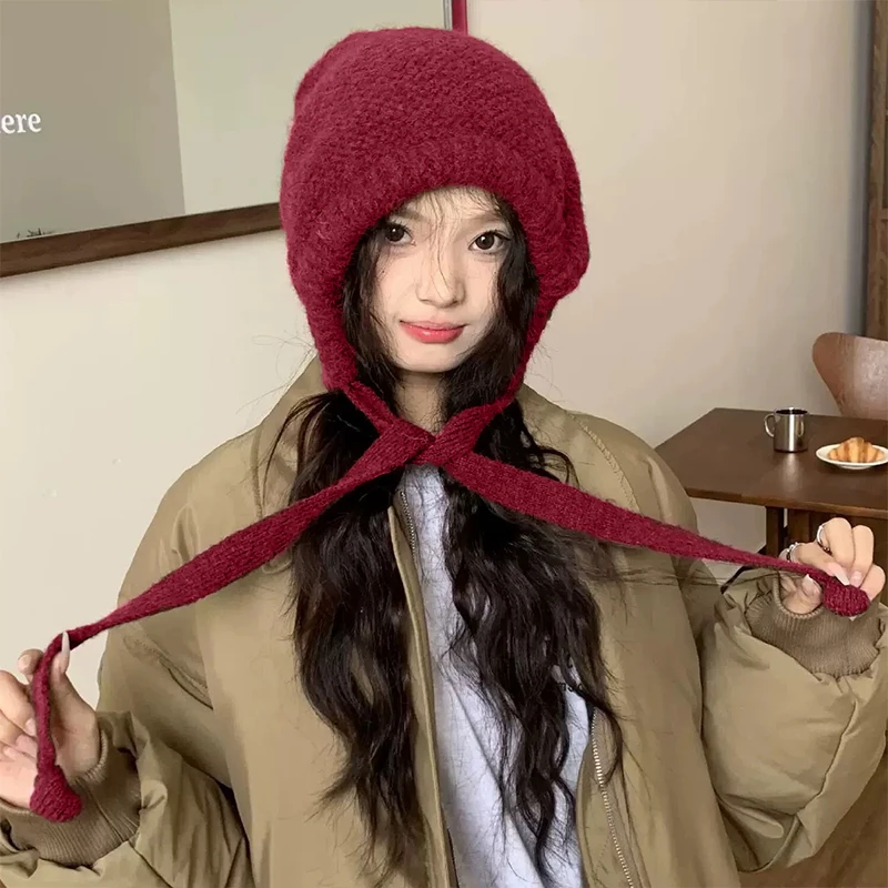 وشاح بسيط على الطراز الكوري، حماية متكاملة للرقبة، قبعة شال من الصوف المحبوك الدافئ لحماية الأذن