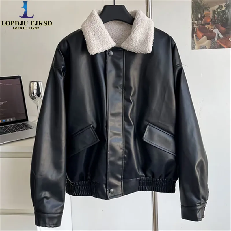 Winter Korean Fashion Women's Faux Leather Coat Long Sleeve Turn-down Collar Jacket Loose Female Clothing