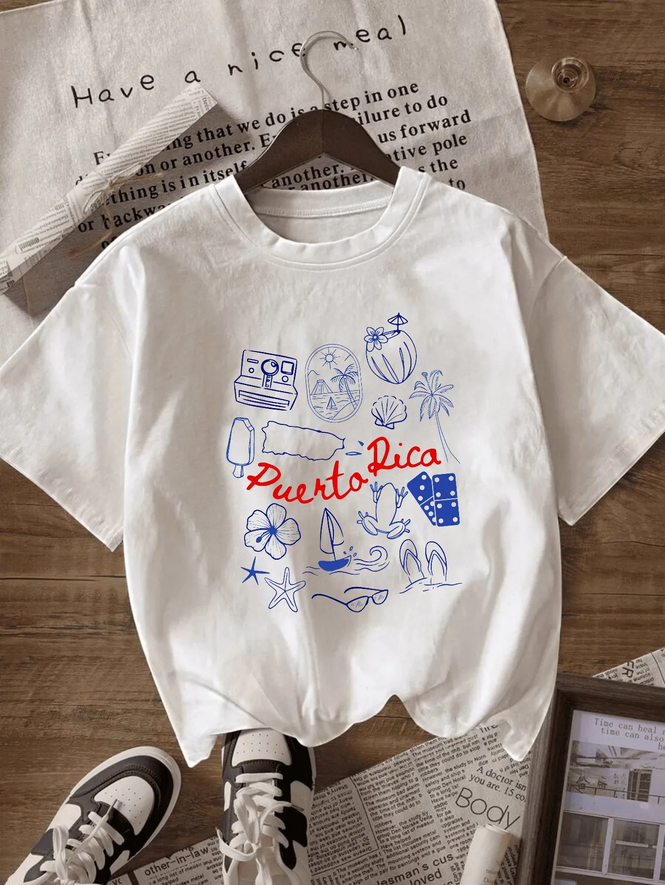 Fashion Women T Shirt White Front Print Tropical Icons and Text Comfortable Casual Summer Wear