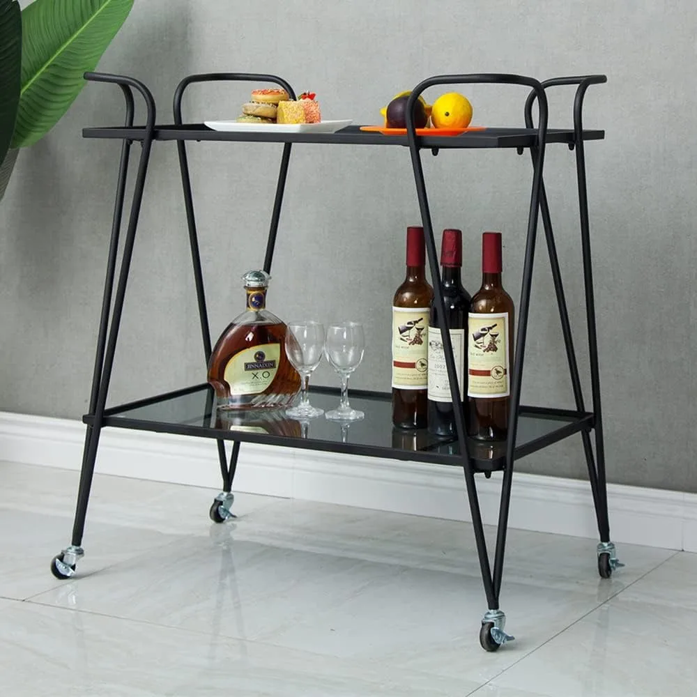 

Serving Bar Cart Black 2-Tier Storage Modern Kitchen Island Cart,Wine Trolley with Rolling Wheels, Rectangle Rolling Bar